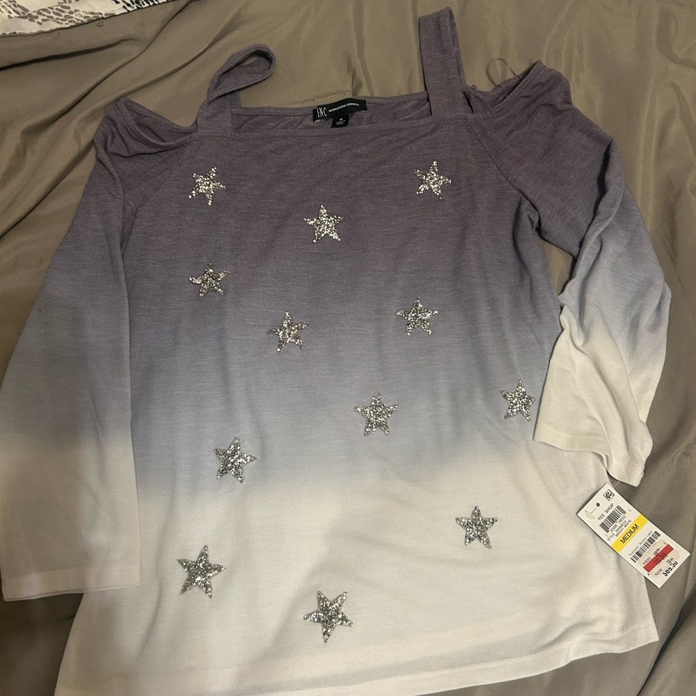 INC International Concepts Blue and Cream hombre off the shoulder sweater